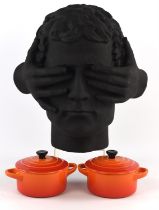Lene Bierre, a bust of a man with his eyes covered, together with a collection of kitchen items,