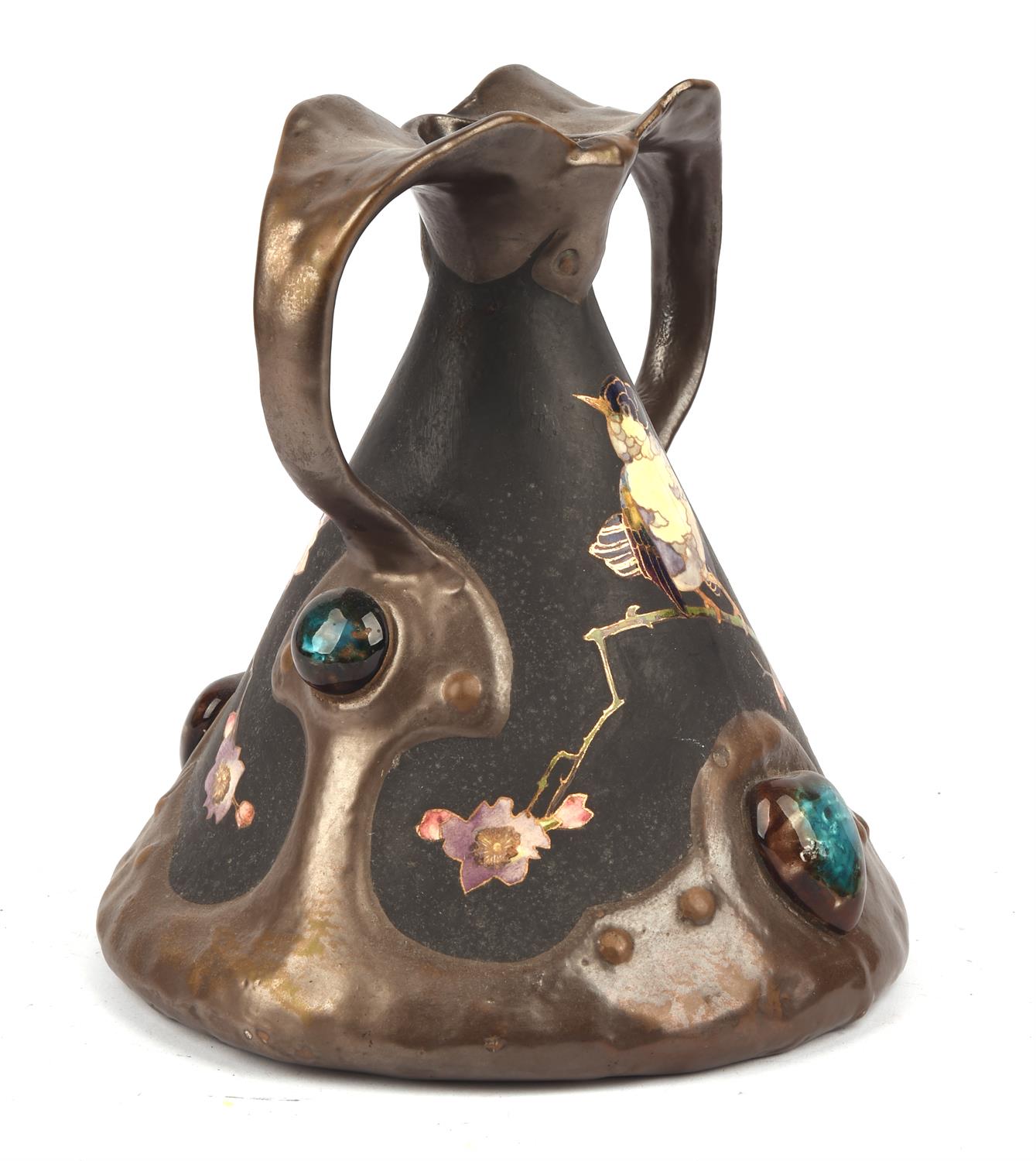 Bretby, Arts and Crafts style conical vase, with curling handles, applied with faux cabochons, - Image 2 of 4