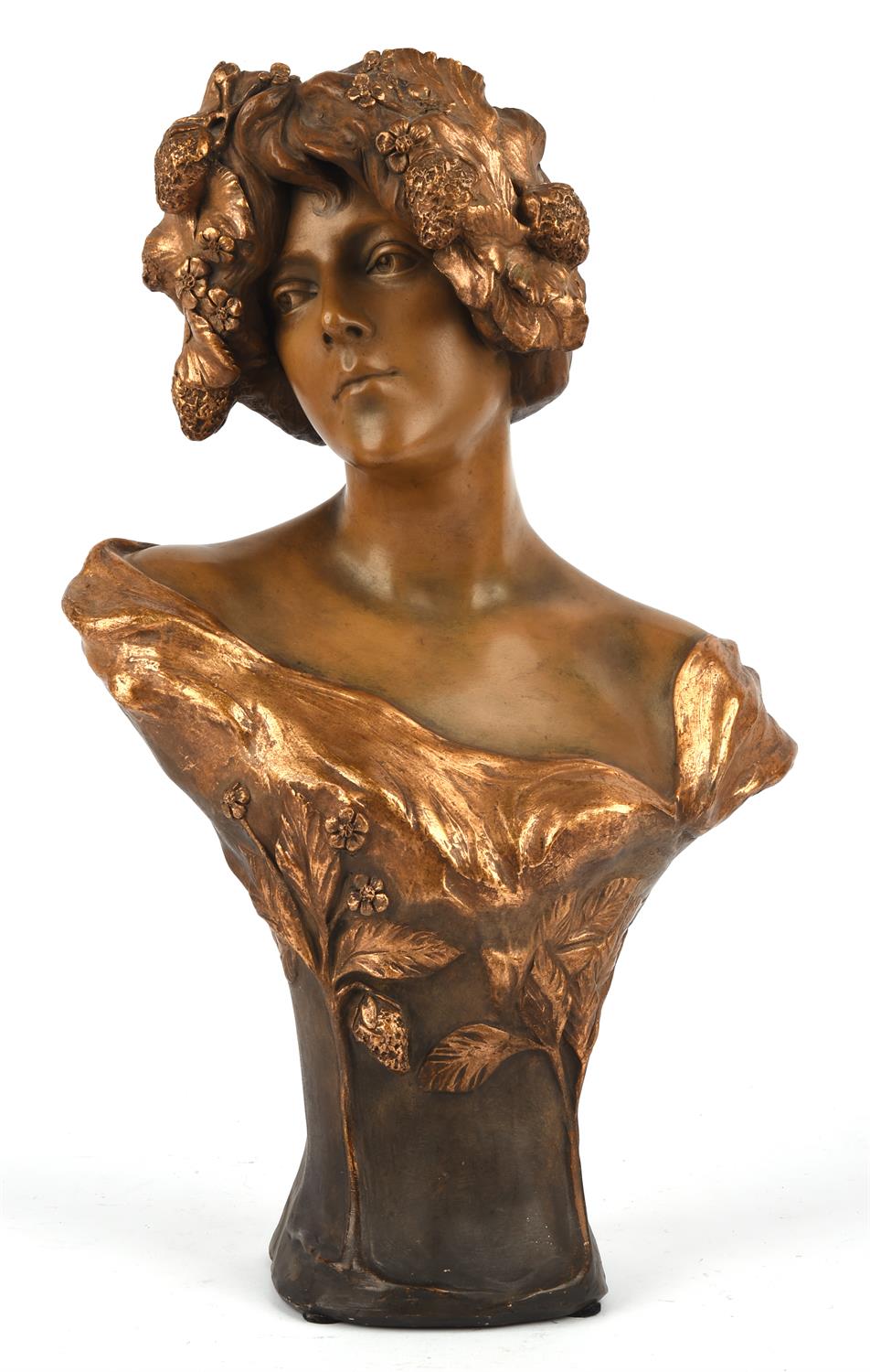 An Art Nouveau Goldscheider painted and gilt decorated bust, rear with Goldscheider rectangular - Image 2 of 5