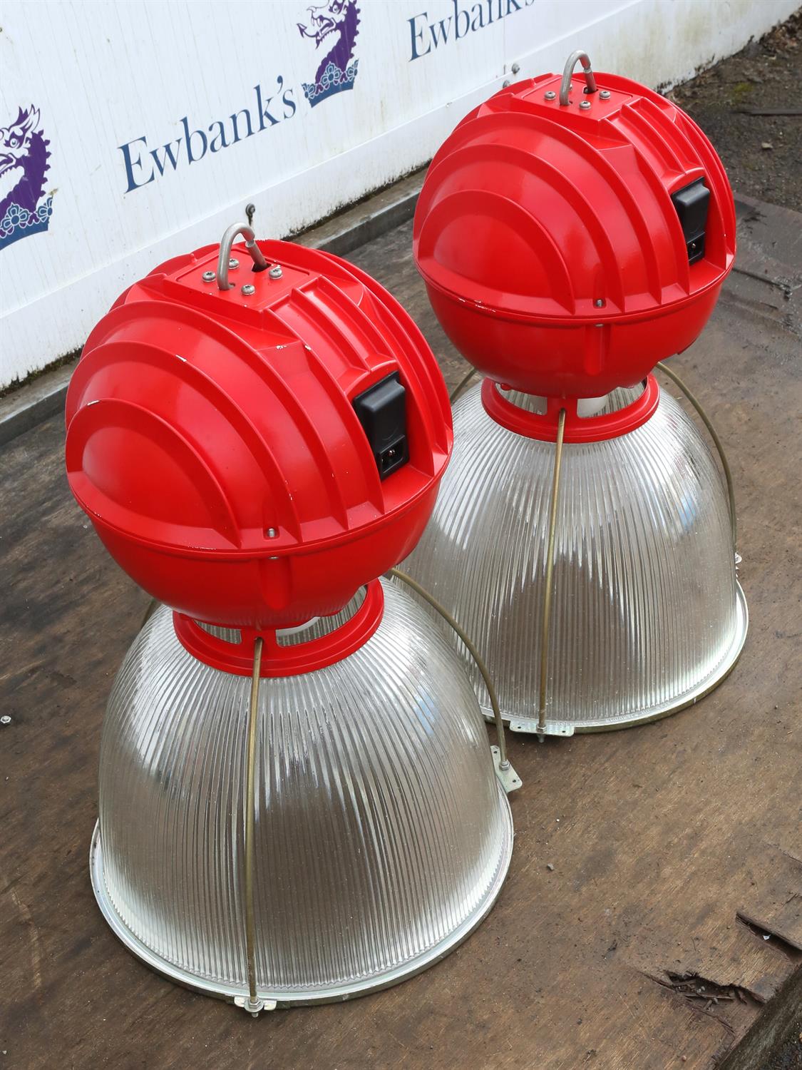 Unknown Design/Manufacturer, a pair of industrial style downlighters, red anodised metal body with - Image 2 of 3