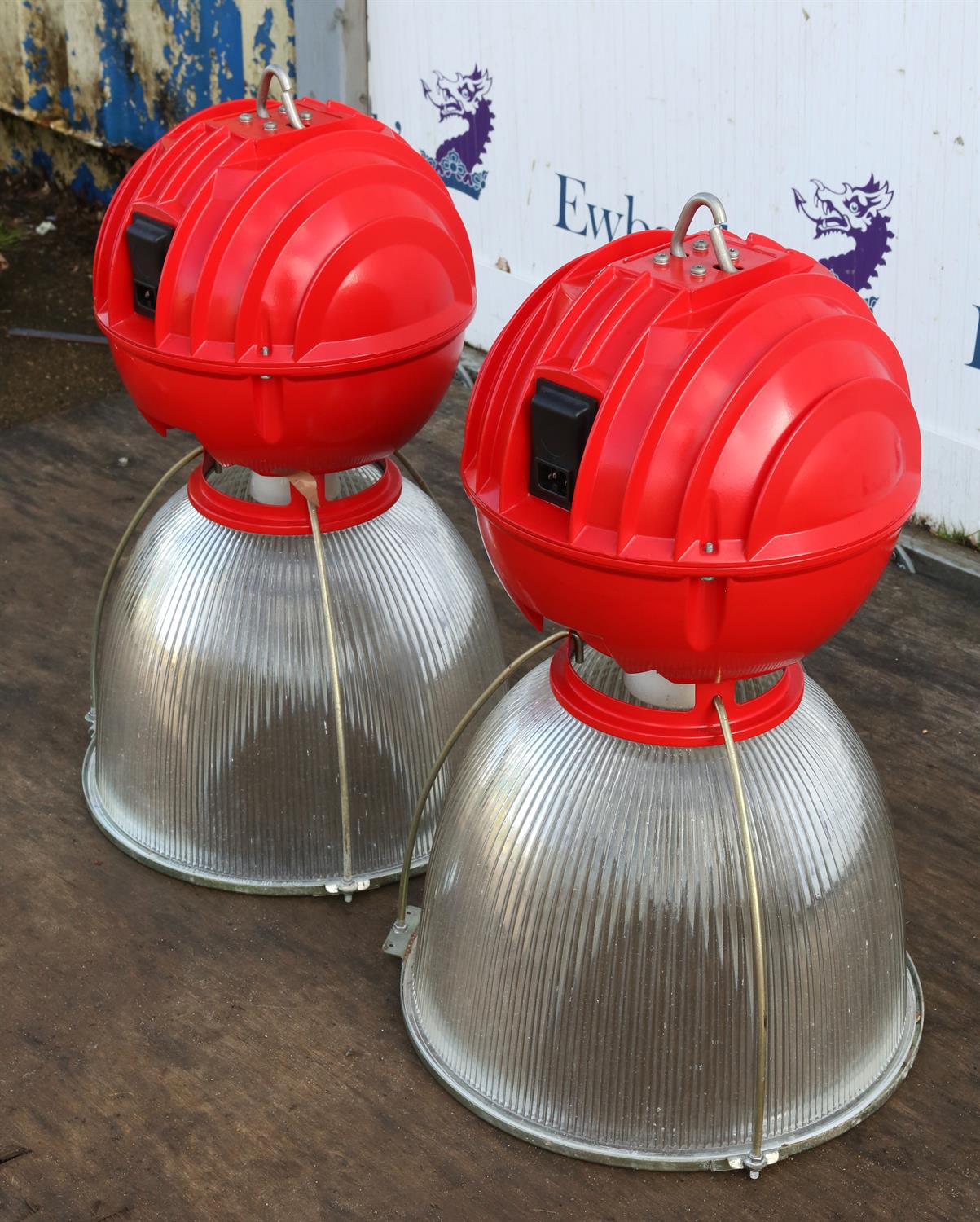 Unknown Design/Manufacturer, a pair of industrial style downlighters, red anodised metal body with - Image 2 of 3