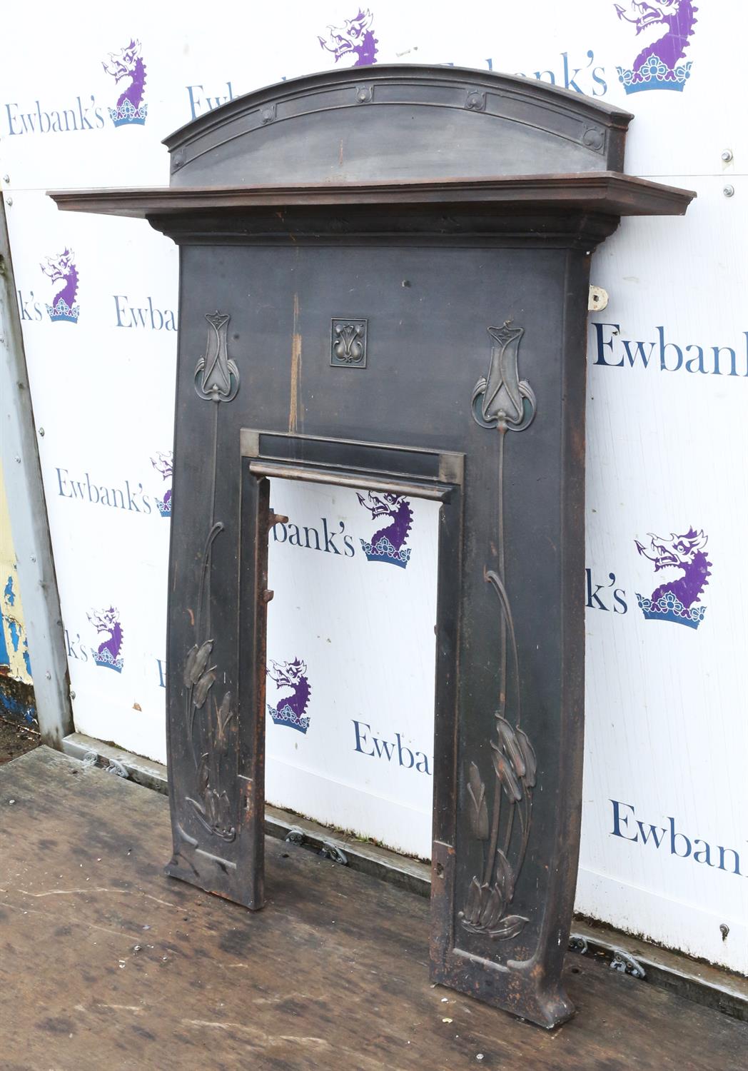 Art Nouveau style cast iron fire surround, with a shelf and stylised tulip motifs, - Image 4 of 4