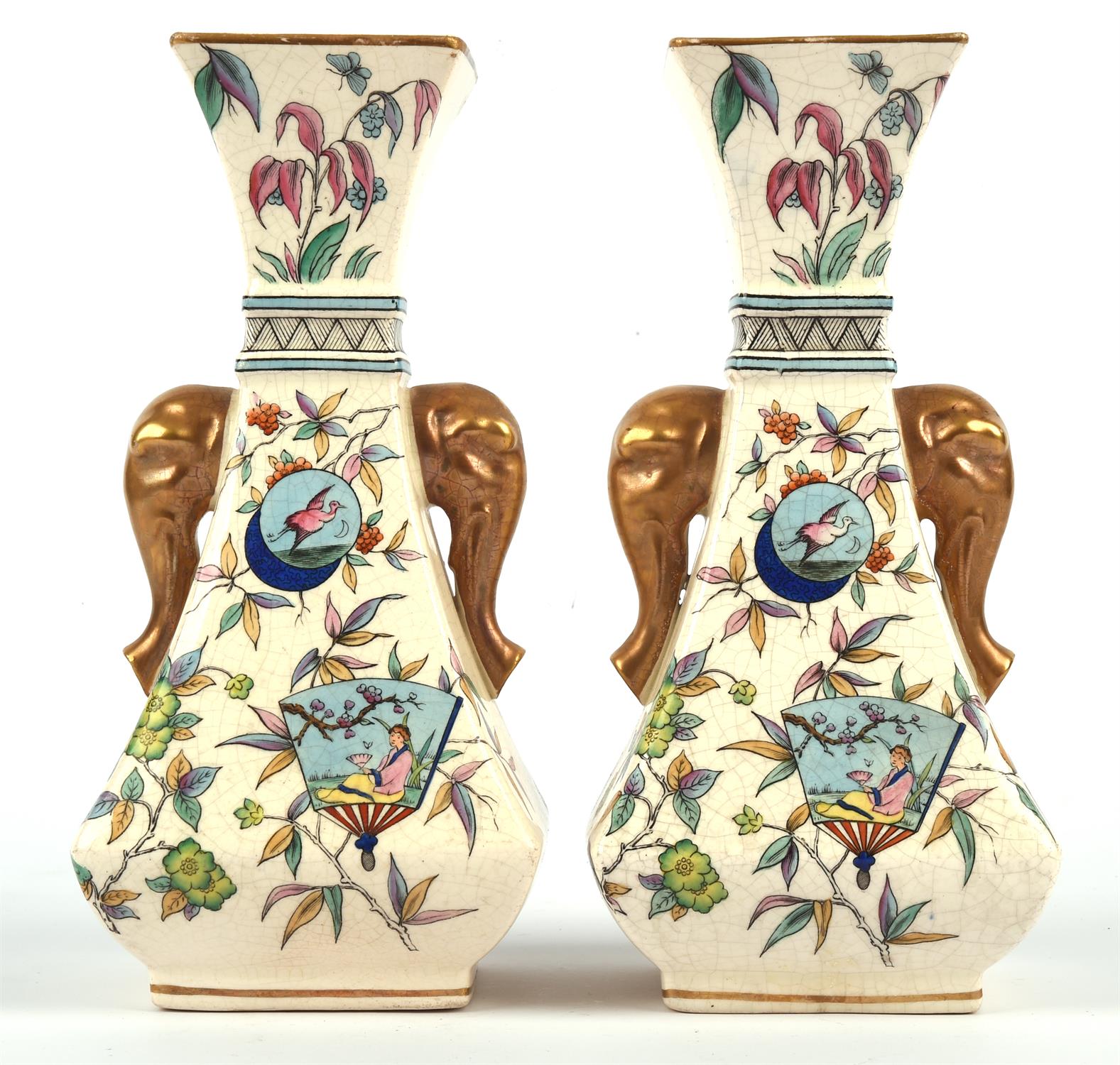 Christopher Dresser (British, 1834-1904), pair of printed and painted vases, with elephant head