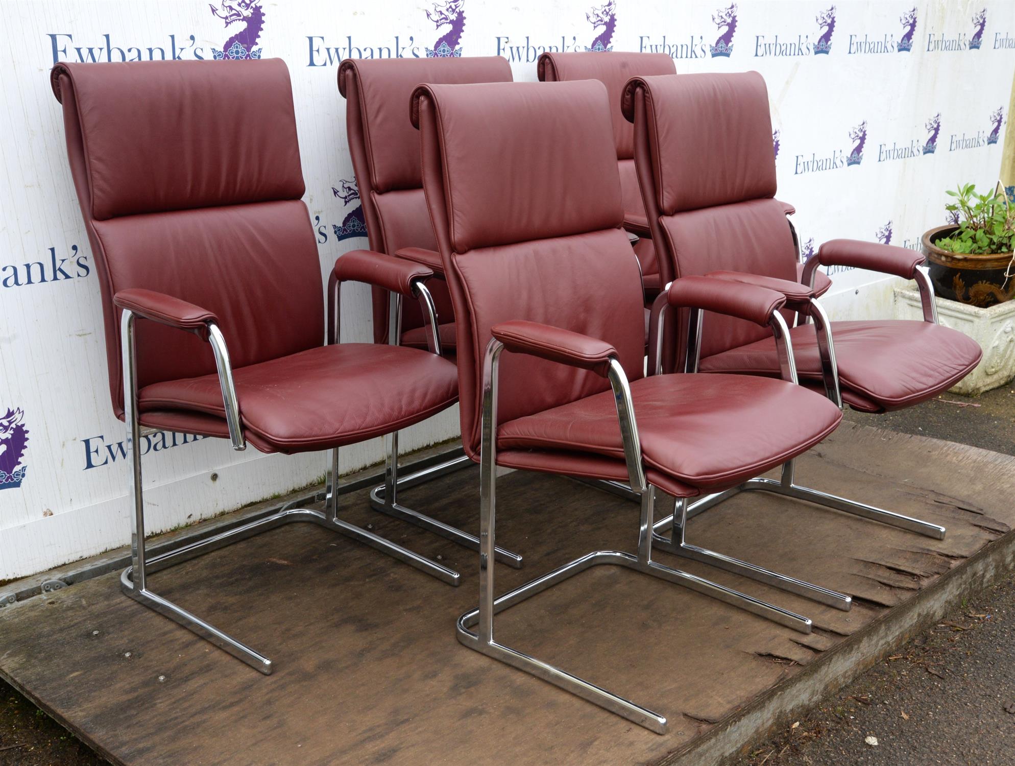 Boss, five executive armchairs, burgundy leather and chromed steel, 104cm high x 61cm wide x 69cm - Image 3 of 6