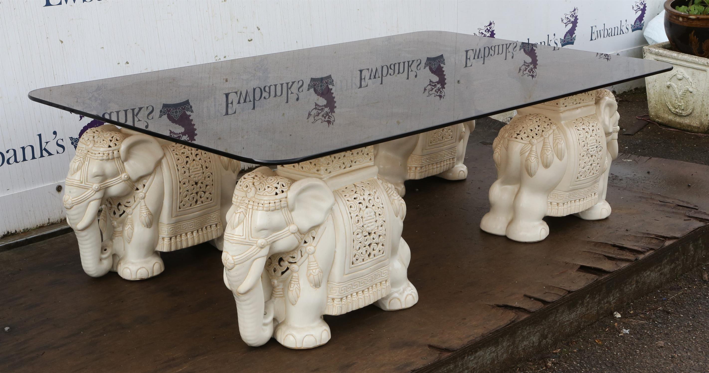 Unknown Designer, glass and ceramic coffee table, the supports in the form of elephants, - Image 3 of 3