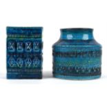 Bitossi, two blue vases, one of cylindrical form, with impressed geometric designs,