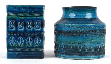 Bitossi, two blue vases, one of cylindrical form, with impressed geometric designs,