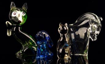 Murano, Italy, four glass animals, to comprise a clear glass bison, 19.5cm high, a green and clear