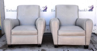 Art Deco style, a pair of club armchairs, upholstered in grey leather, with nail studded detail,