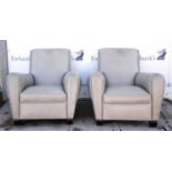 Art Deco style, a pair of club armchairs, upholstered in grey leather, with nail studded detail,