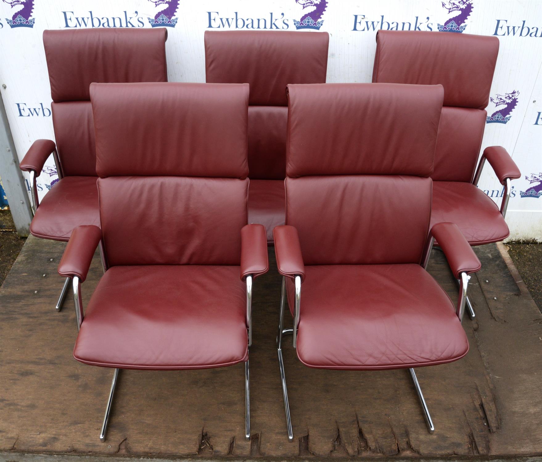 Boss, five executive armchairs, burgundy leather and chromed steel, 104cm high x 61cm wide x 69cm - Image 4 of 6