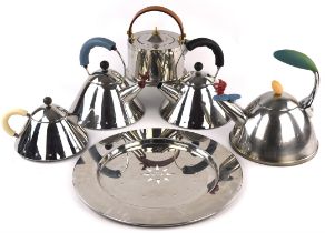 Michael Graves for Alessi, stainless steel tea pot, together with three stainless steel kettles,