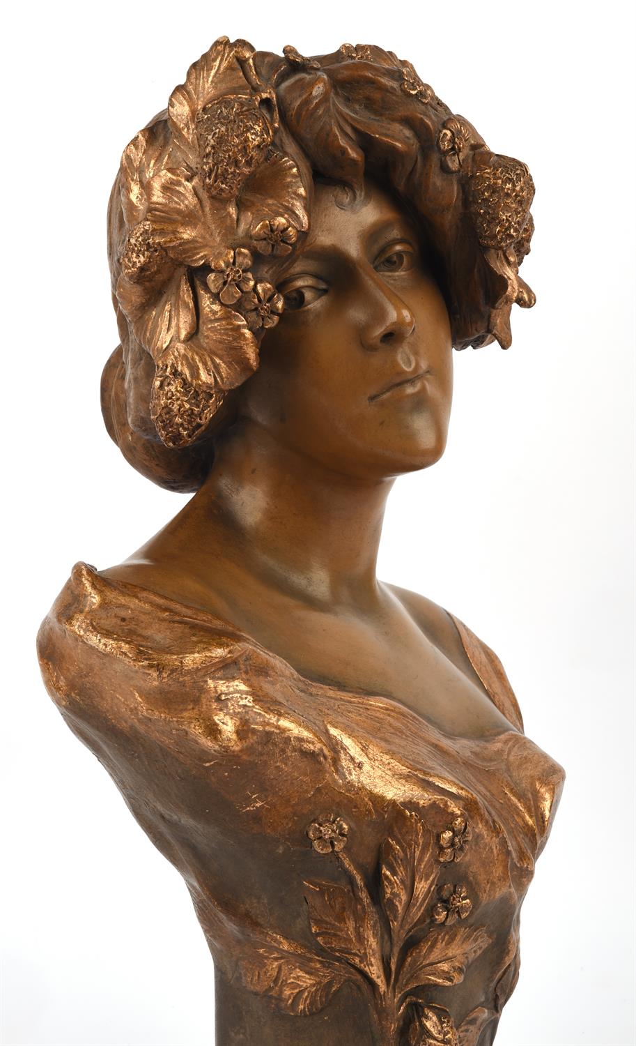 An Art Nouveau Goldscheider painted and gilt decorated bust, rear with Goldscheider rectangular - Image 4 of 5
