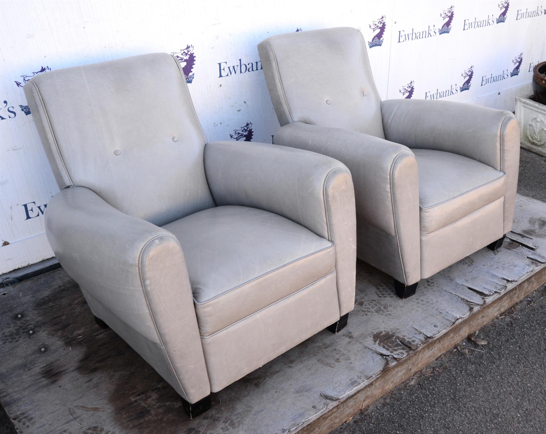 Art Deco style, a pair of club armchairs, upholstered in grey leather, with nail studded detail, - Image 3 of 5