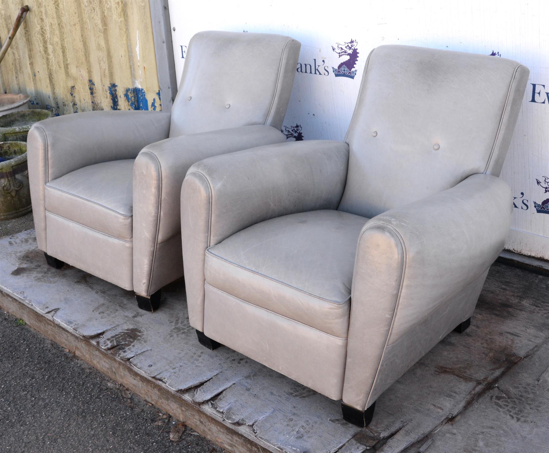 Art Deco style, a pair of club armchairs, upholstered in grey leather, with nail studded detail, - Image 2 of 5