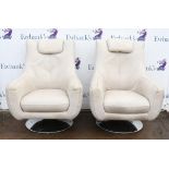 Unknown Designer, pair of cream leather upholstered swivel armchairs, on chromed metal bases,
