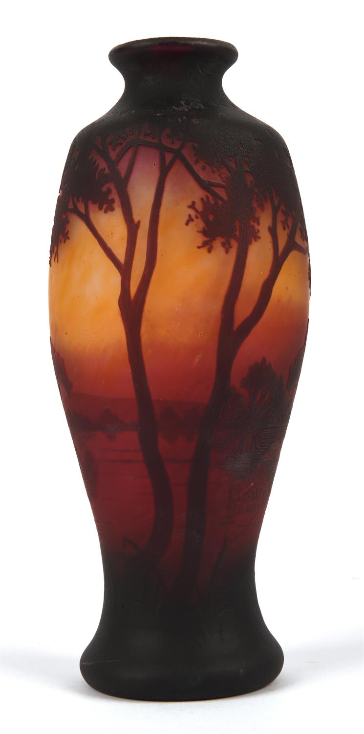 Daum, a glass vase, decorated with a continuous landscape of a river and trees, in a sunset, - Image 2 of 5