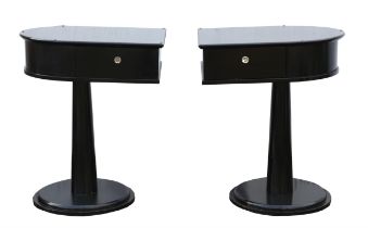 Unknown Designer, pair of ebonised bedside tables, each with drawer with chromed metal handle,