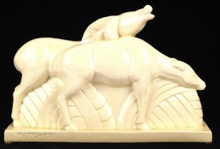 Charles Lemanceau, Stag and doe, white glazed pottery group, impressed signature,