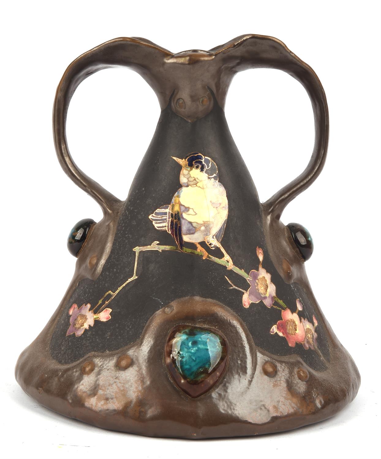 Bretby, Arts and Crafts style conical vase, with curling handles, applied with faux cabochons,