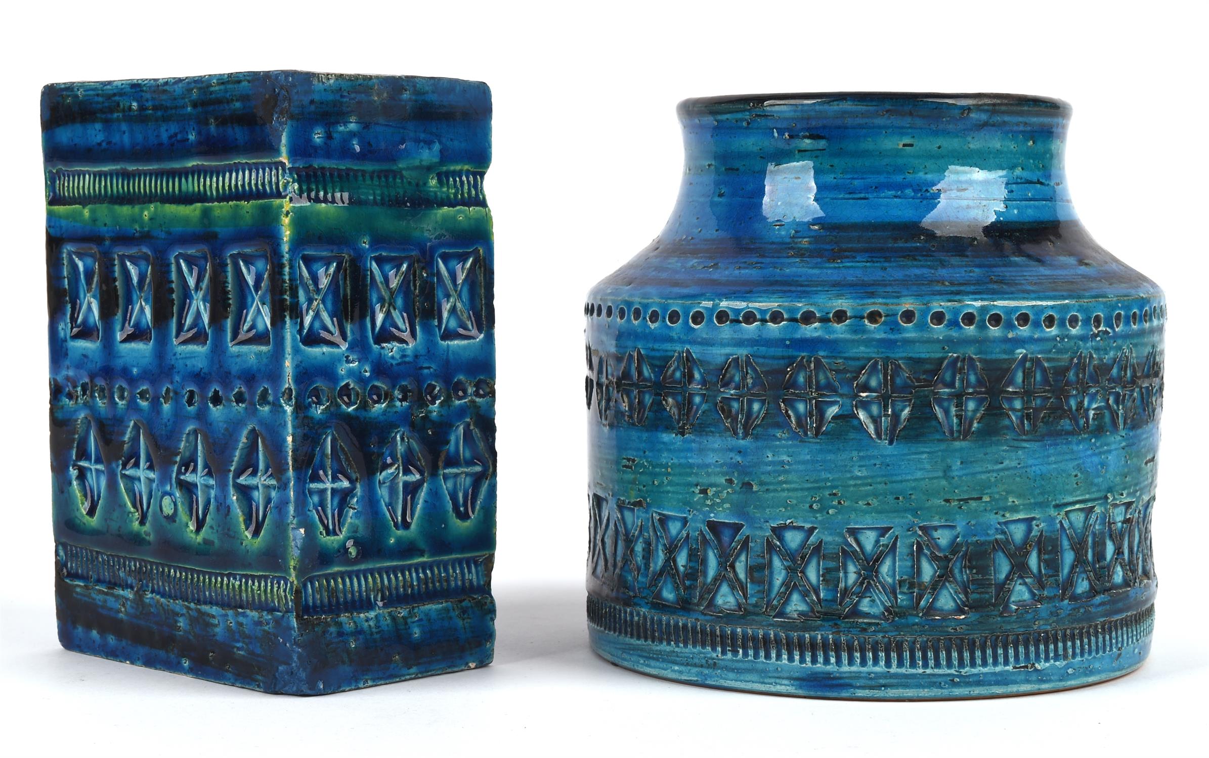 Bitossi, two blue vases, one of cylindrical form, with impressed geometric designs, - Image 2 of 3