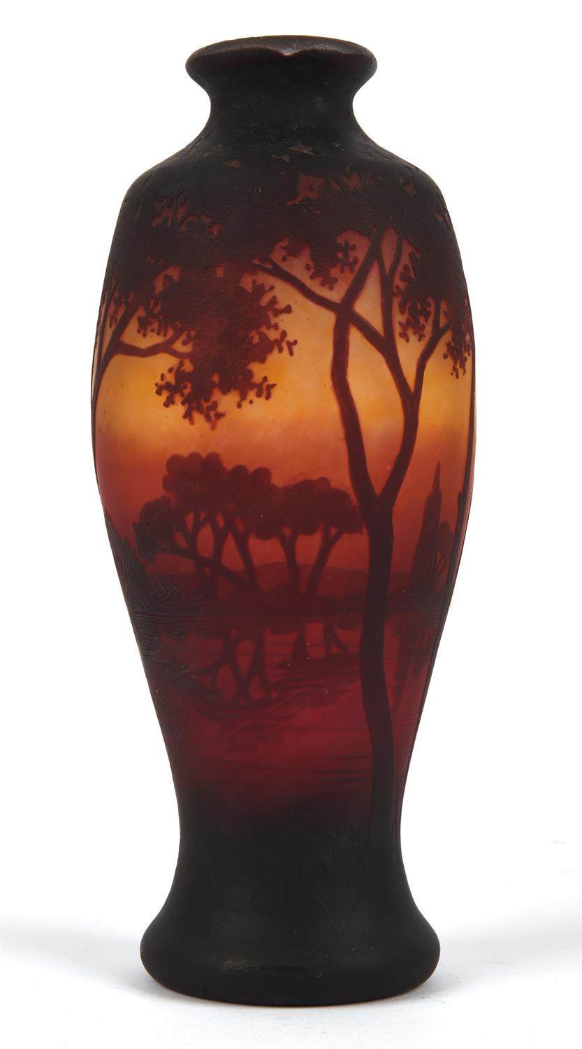 Daum, a glass vase, decorated with a continuous landscape of a river and trees, in a sunset, - Image 3 of 5