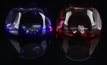 Webb Corbett, two overlay glass paperweights, the ruby weight with a dragon fly to base,