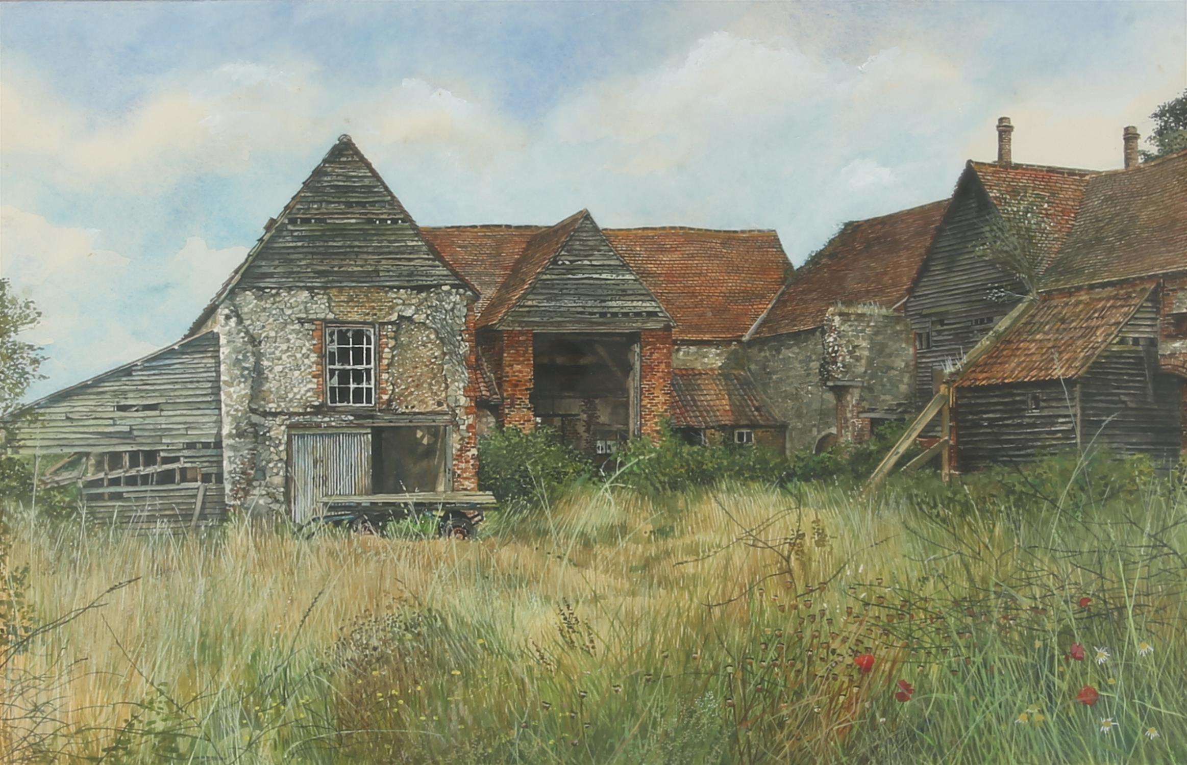 Martin Taylor (b.1954), Rochford Hall with Poppies Barns III, gouache, 34 x 53cm. Framed and glazed