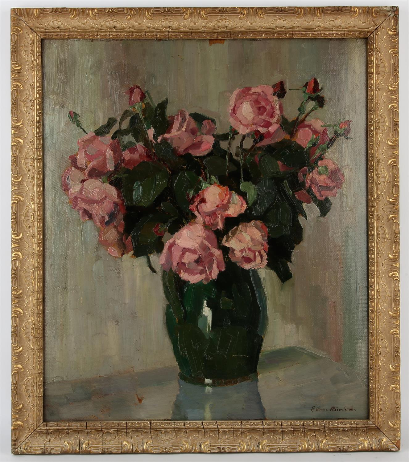 German School (20th century), Still life of pink roses in a green glazed jug, oil on board, - Image 2 of 4