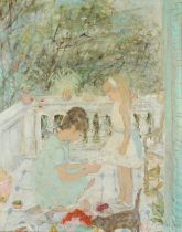 Jocelyne Seguin (c.1917-1999) Hemming the party dress, oil on canvas, signed lower right, 90 x 71cm.