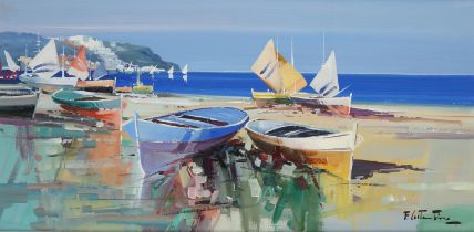 Fabio Costantino (Italian b.1952), Coastal scenes with beached boats, oil on board,