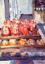 Faye Chaston (contemporary), Still life of red peppers, watercolour and mixed media,