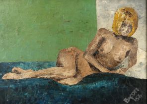 ** Bacon (20th century). Reclining nude, oil on board, signed and dated '54 lower right, 40 x 55cm.