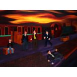 H. Mc*** (contemporary), Figures on a railway platform, as a drunk falls down steps, oil on canvas,