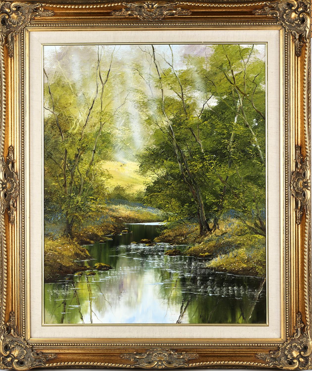 Terence Evans (British b.1943), Wooded river scene, oil on canvas, 75 x 60cm. Framed - Image 2 of 3