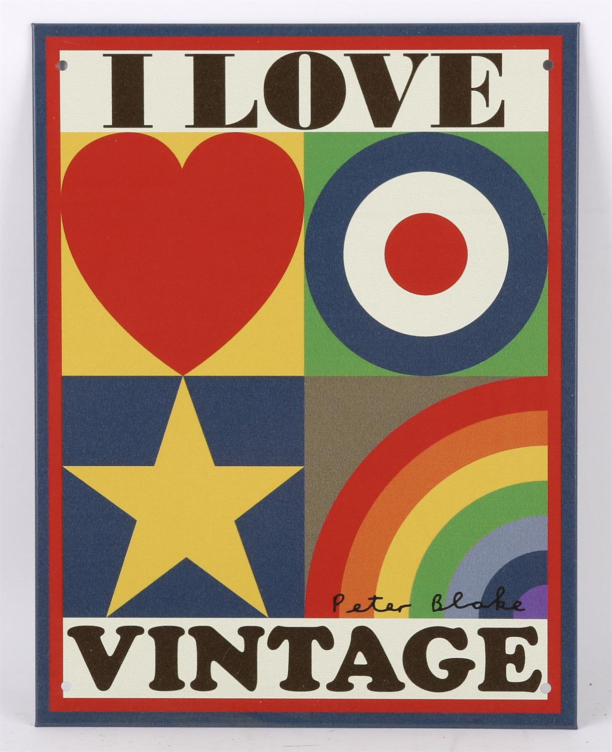 Peter Blake (b. 1932) 'I Love Vintage' digital print on tin plate, from the limited edition of 2500