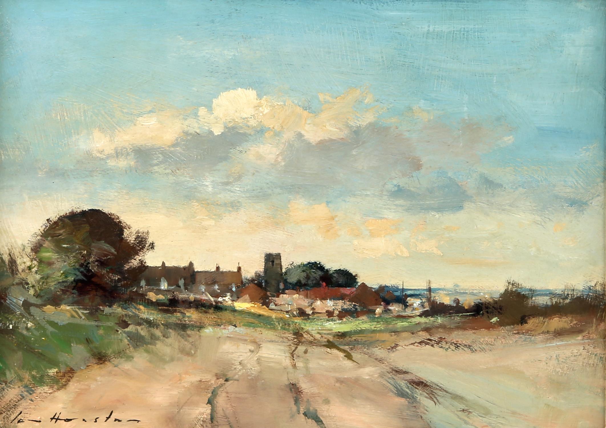 § Ian Houston (British 1934-2021). A Norfolk Village late summer, oil on board, signed lower left,