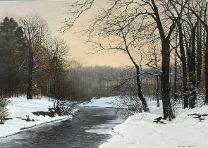 Vernon Keeble (Contemporary), Winter river landscape; Dappled light in a forest, two,