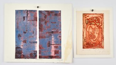 A group of nine contemporary etchings, lithographs and screenprints, one signed Joan Hodgkiss,