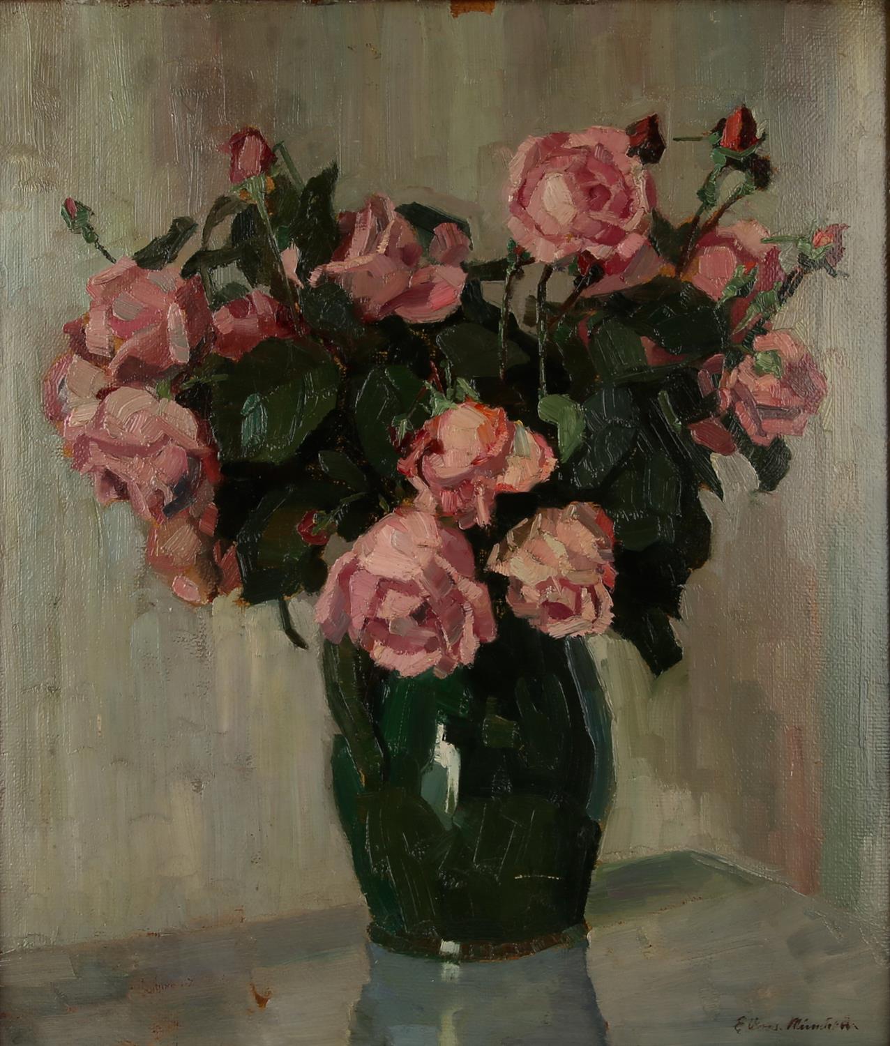 German School (20th century), Still life of pink roses in a green glazed jug, oil on board,