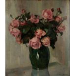 German School (20th century), Still life of pink roses in a green glazed jug, oil on board,