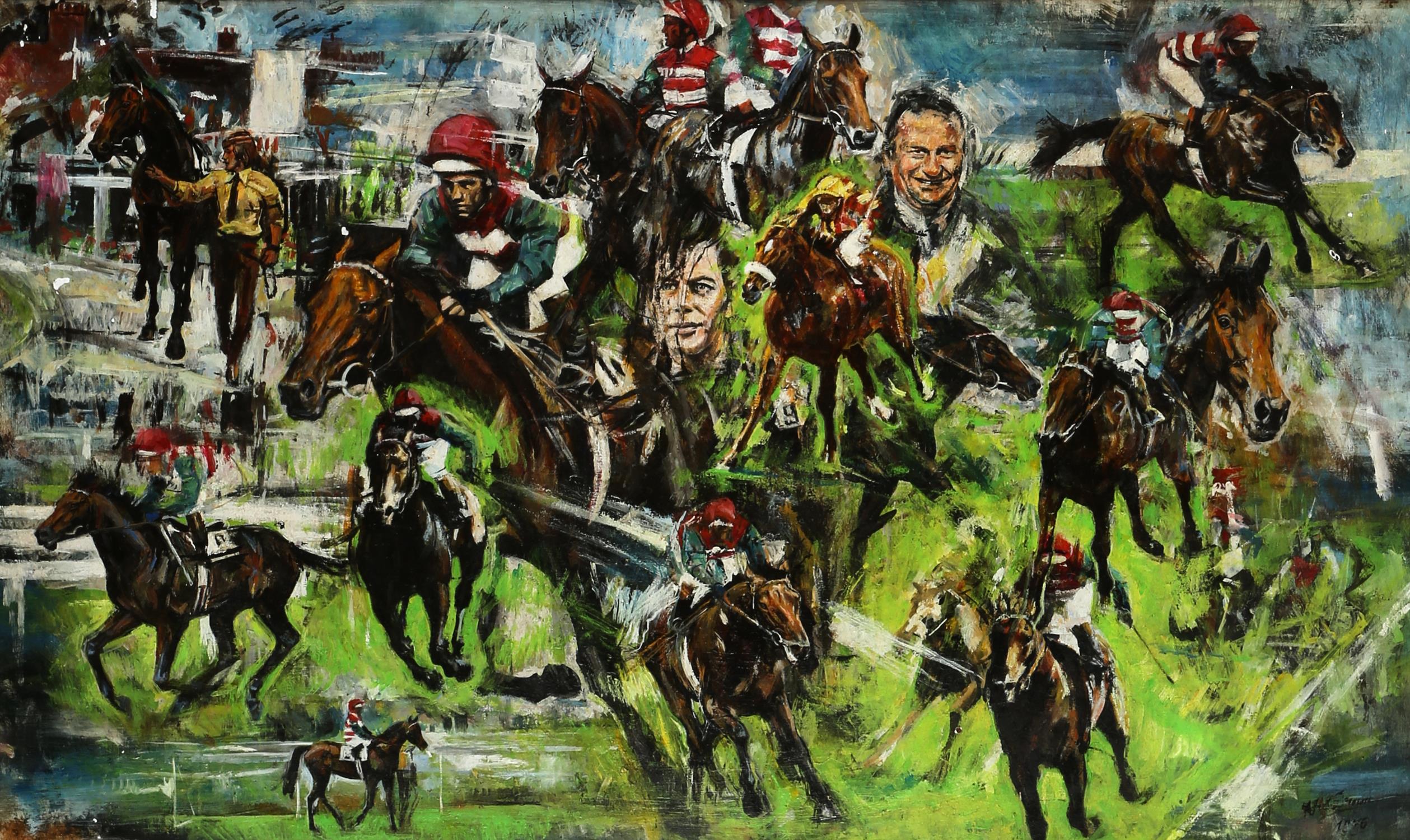 ** Brown (Contemporary), Equestrian montage of 'Wollow', 200 Guineas Newmarket 1976; Greenham