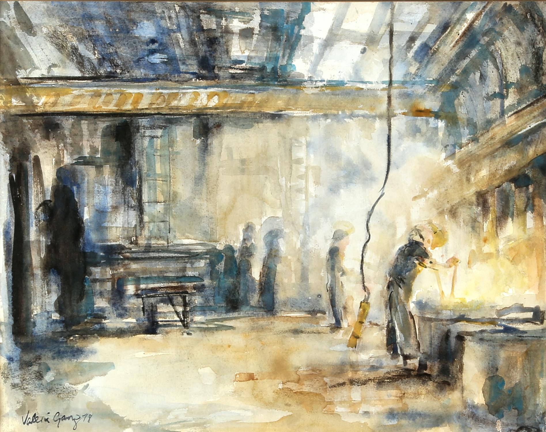 Valerie Ganz 1936-2015), Steelworkers, watercolour, signed and dated '78 lower left, 38 x 49cm.