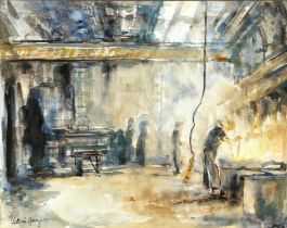 Valerie Ganz 1936-2015), Steelworkers, watercolour, signed and dated '78 lower left, 38 x 49cm.