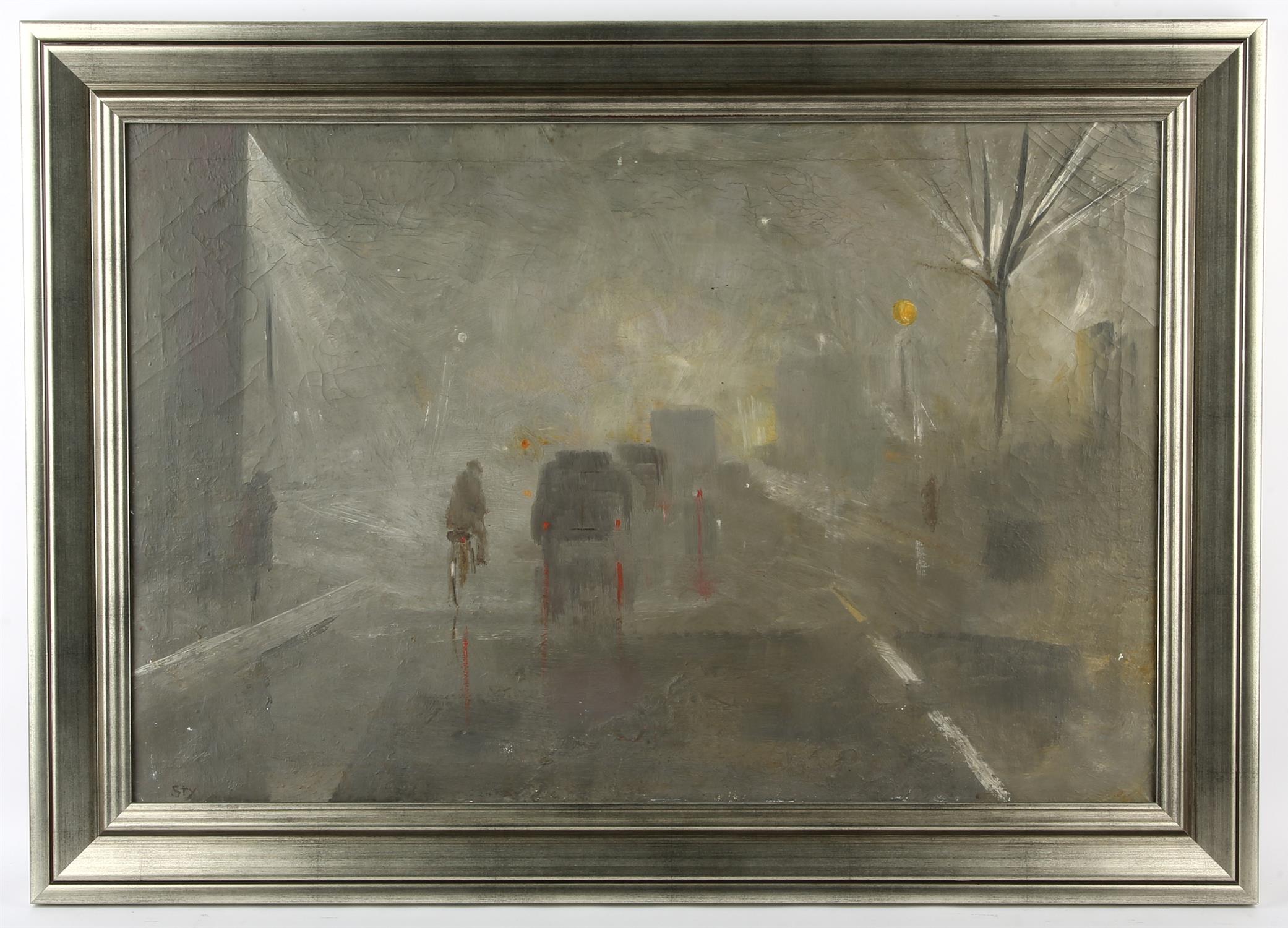 ** Sty (20th century). Street scene with vehicles and cyclist at dusk, oil on canvas, - Image 3 of 4