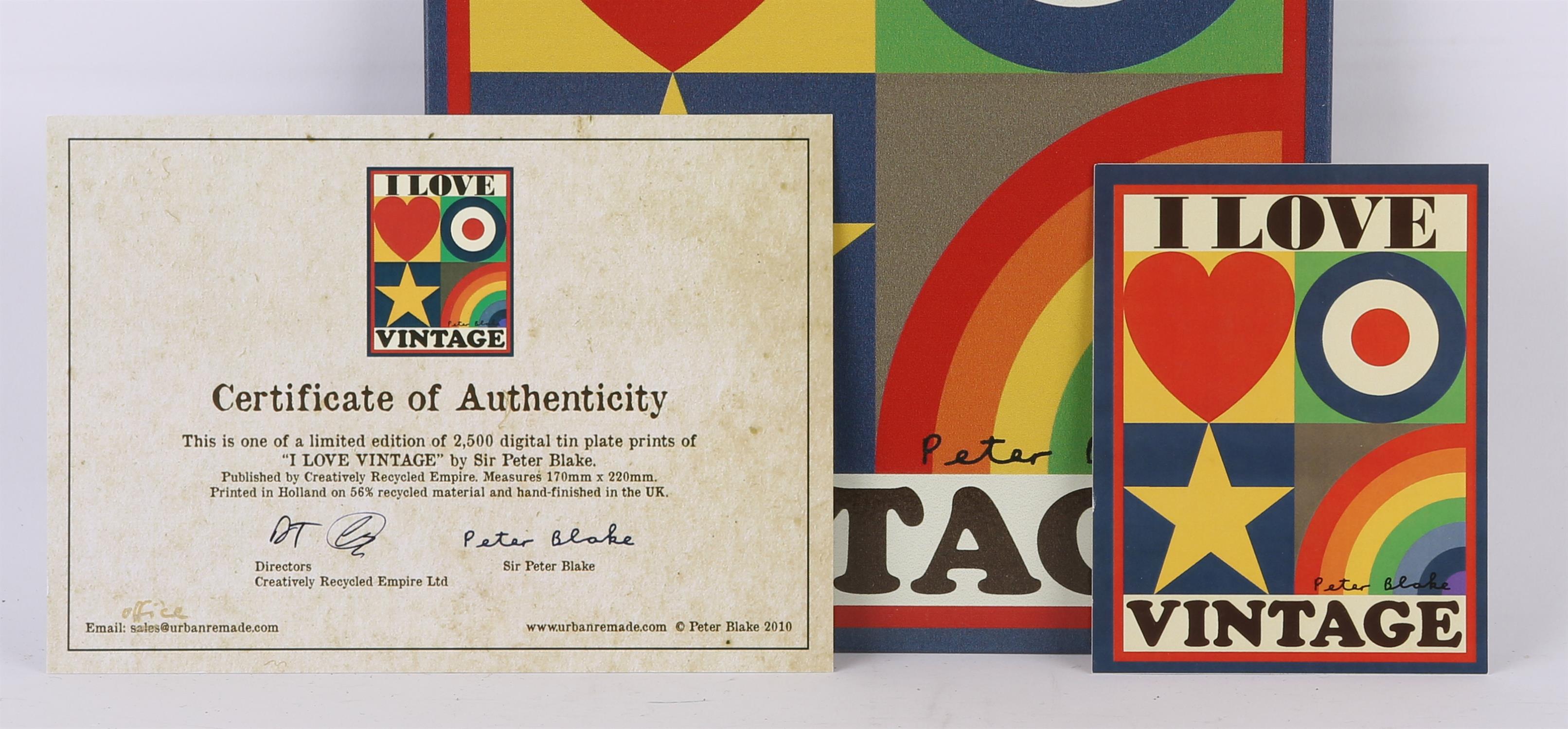 Peter Blake (b. 1932) 'I Love Vintage' digital print on tin plate, from the limited edition of 2500 - Image 2 of 2