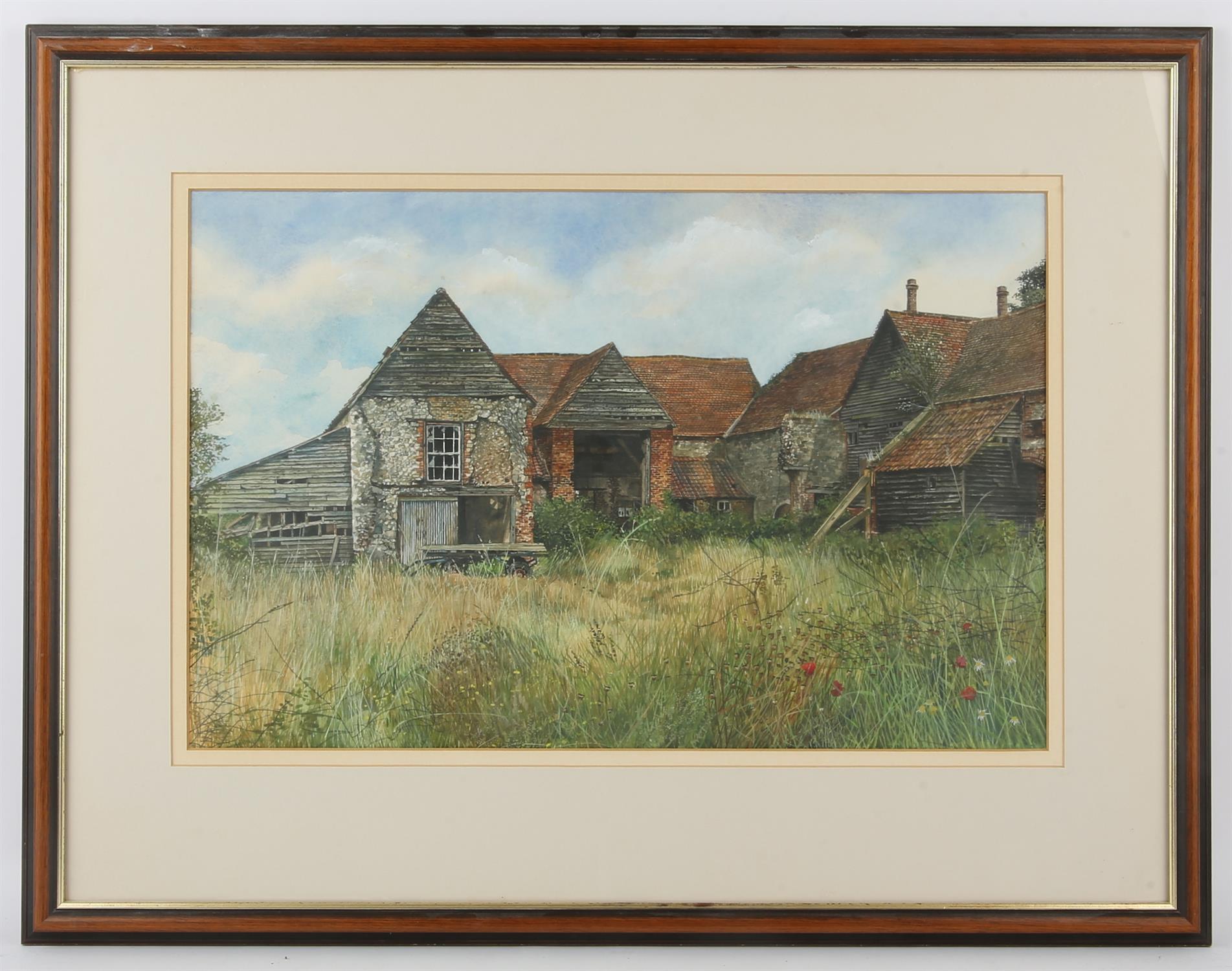 Martin Taylor (b.1954), Rochford Hall with Poppies Barns III, gouache, 34 x 53cm. Framed and glazed - Image 2 of 3