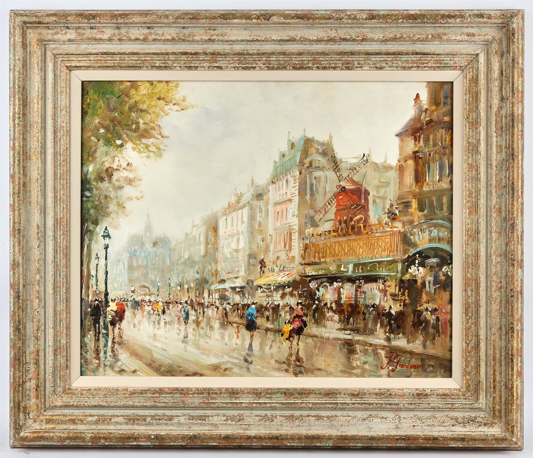 J. Giordano (20th century), Paris Street scene; The Moulin Rouge, Paris, a pair, oil on canvas, - Image 3 of 4