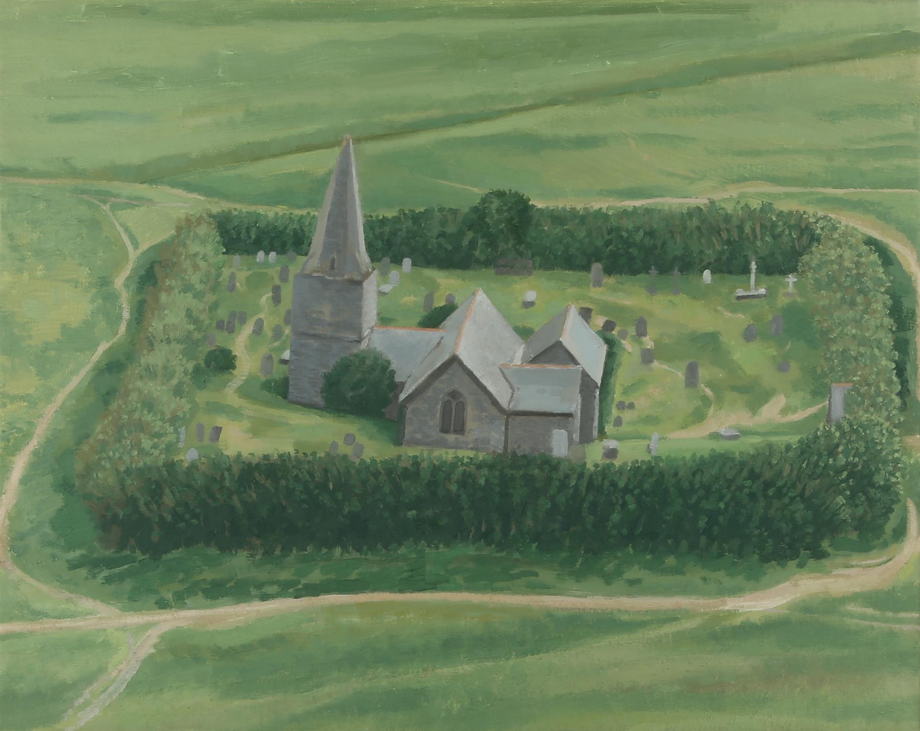 § David Inshaw (British b.1943). St Enodoc Church from Bray, Cornwall, oil on canvas,