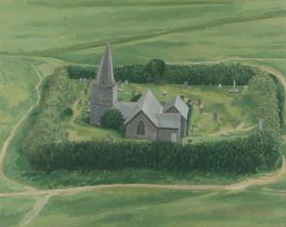 § David Inshaw (British b.1943). St Enodoc Church from Bray, Cornwall, oil on canvas,